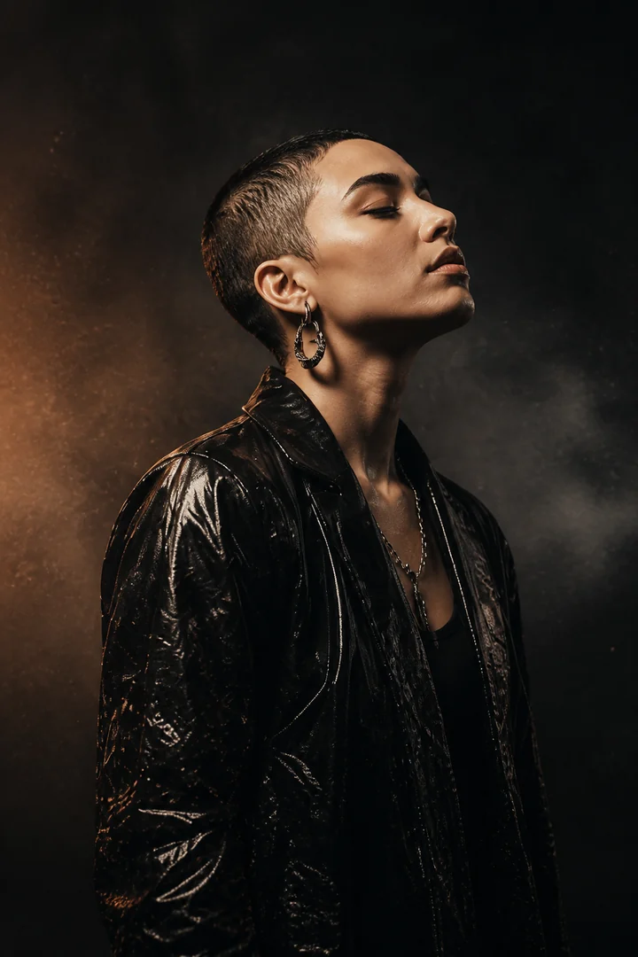 Independent vocalist in a cinematic studio portrait